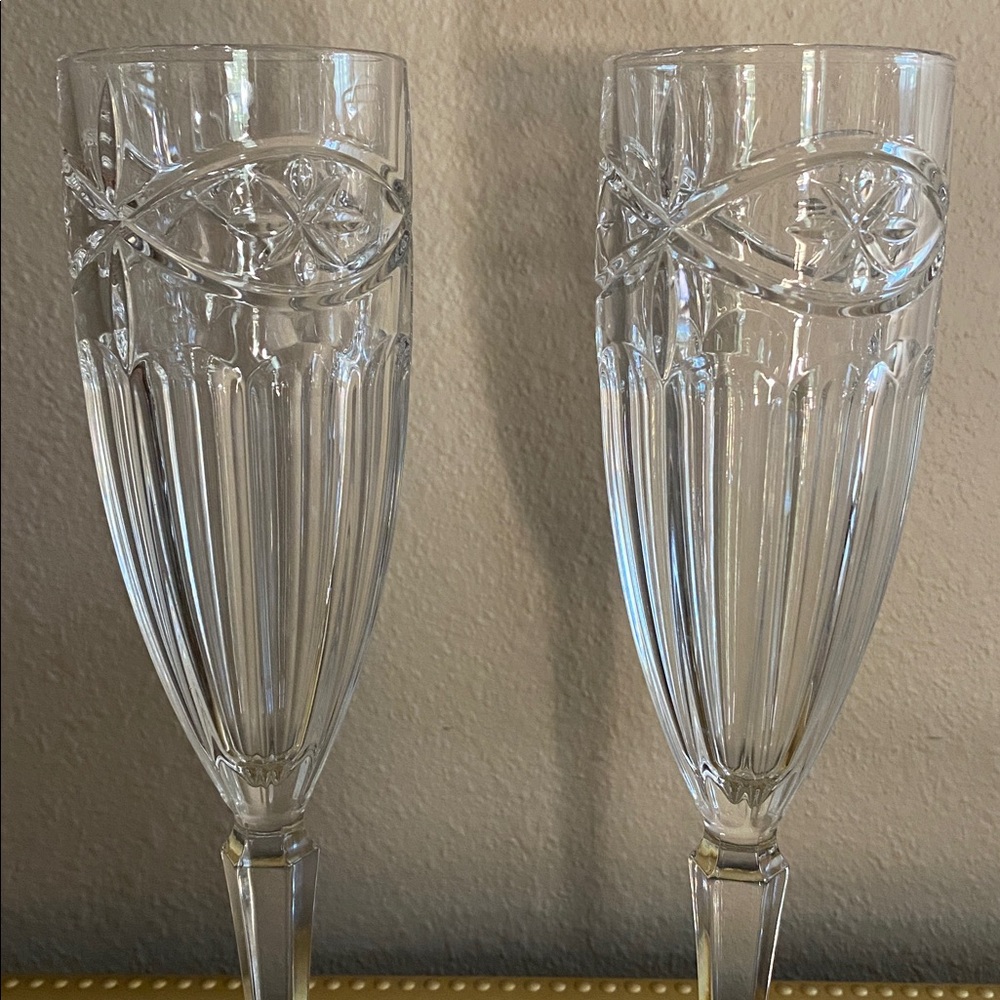 2) GORHAM CRYSTAL “Grand Tapestry” Fluted Champagne Blown Glass, NWTags, Vintage